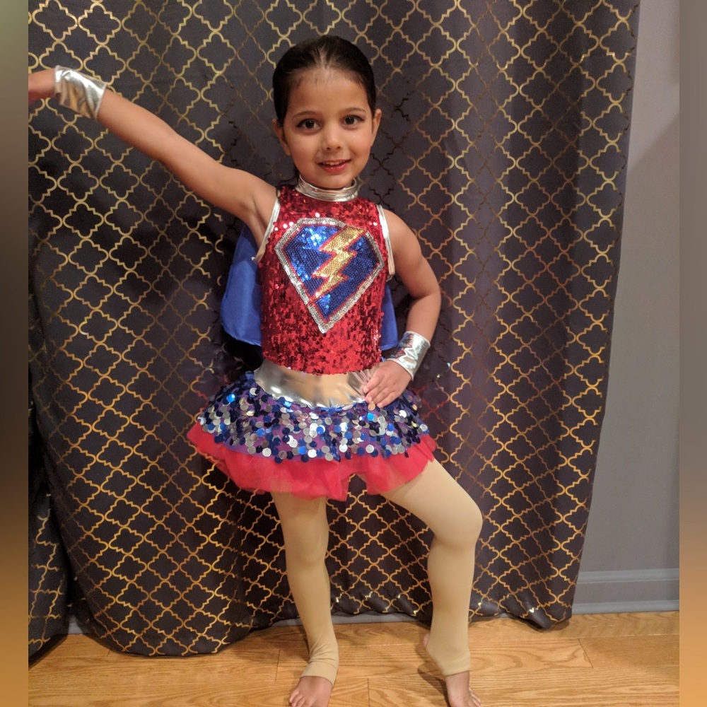 Red silver and blue superhero dance costume. WEISSMAN XSC.